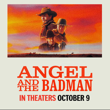 Movie poster for 'Angel and the Badman' showing three western characters against a dramatic orange sunset sky, with the title and release text below on a light beige background.