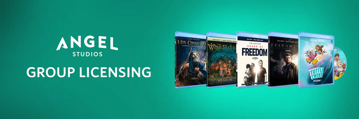 Marketing banner showing Angel Studios movie and TV titles in physical media cases arranged in a row.