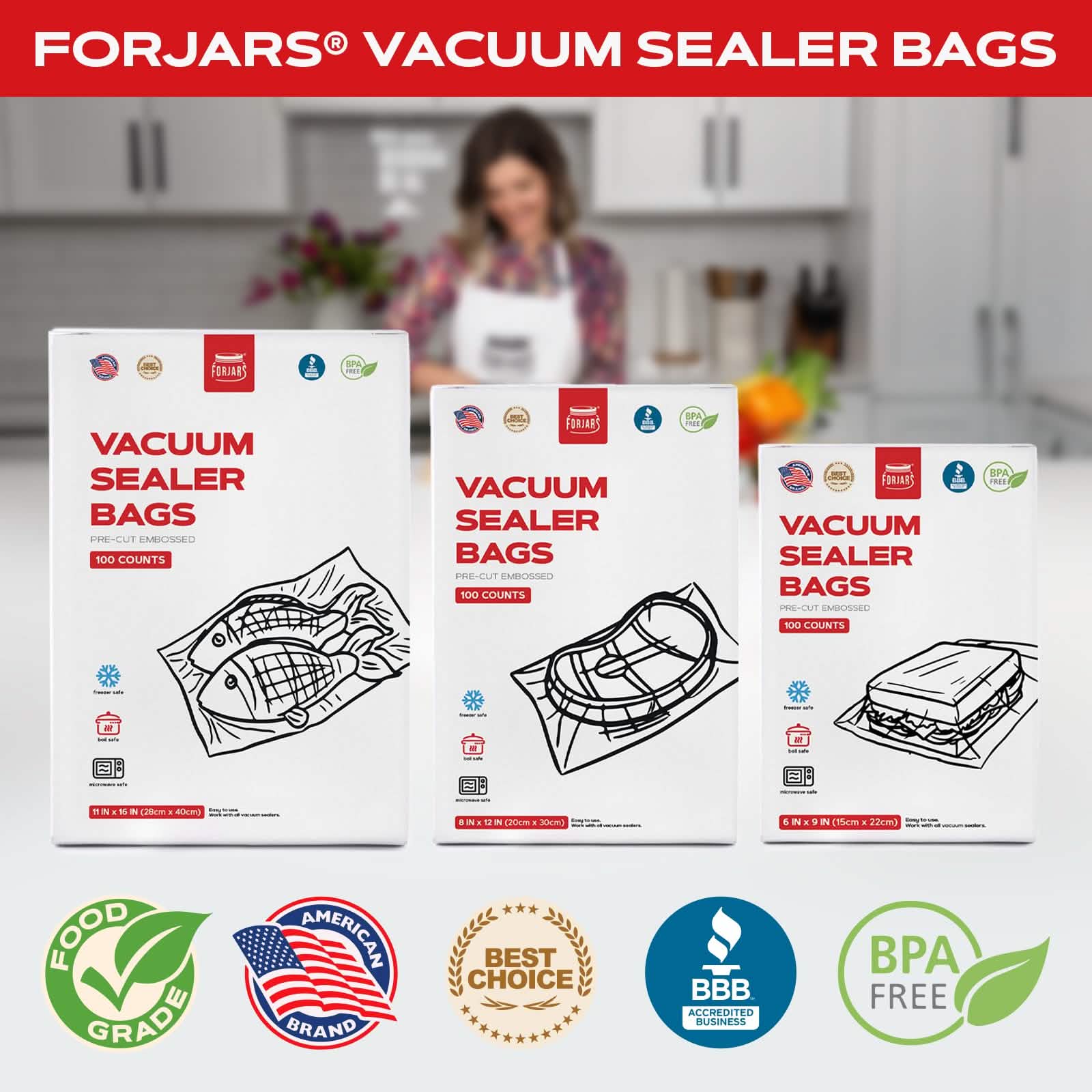 Forjars® 100-Count 8x12 Vacuum Sealer Bags – 7.5 Mil Thick - Vacuum Sealer Bags