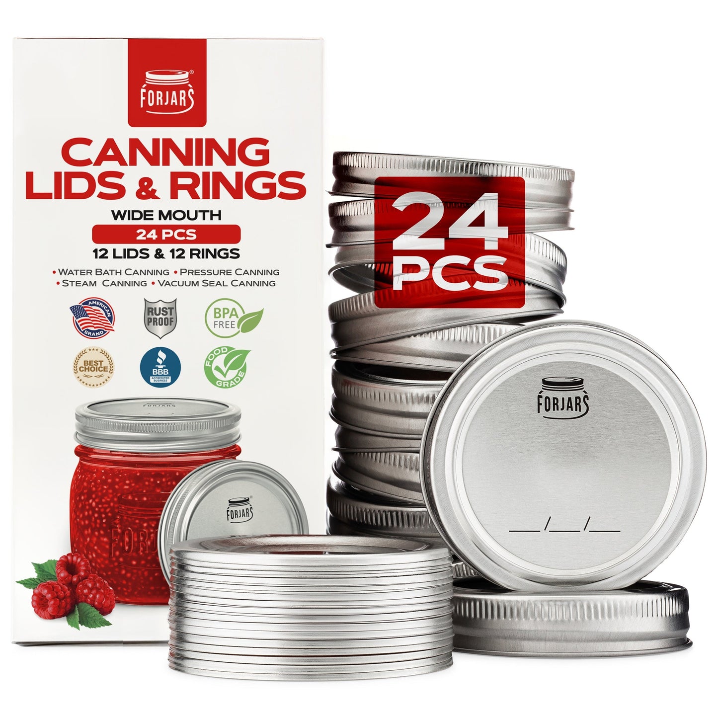 Forjars® - 12 Wide Mouth Canning Lids + 12 Rings - Wide Mouth Canning Lids
