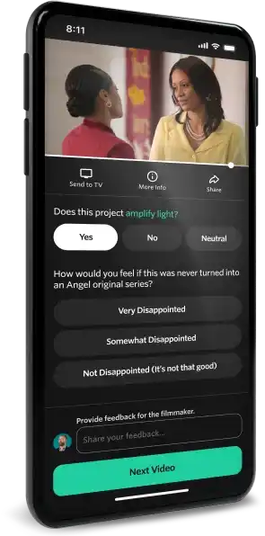 Mobile phone displaying an interactive video interface with feedback options and buttons.