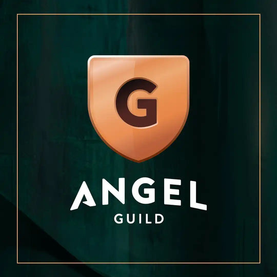 Shield-shaped logo with a ’G’ and ’ANGEL GUILD’ text in gold and white against a dark background.