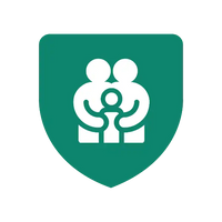 White icon of a family group on a green shield-shaped background.