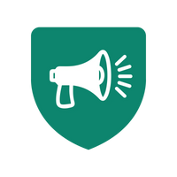 White megaphone icon on a green shield-shaped background.